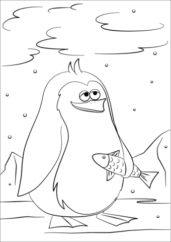 Cute Cartoon Penguin Holding A Fish Coloring Page